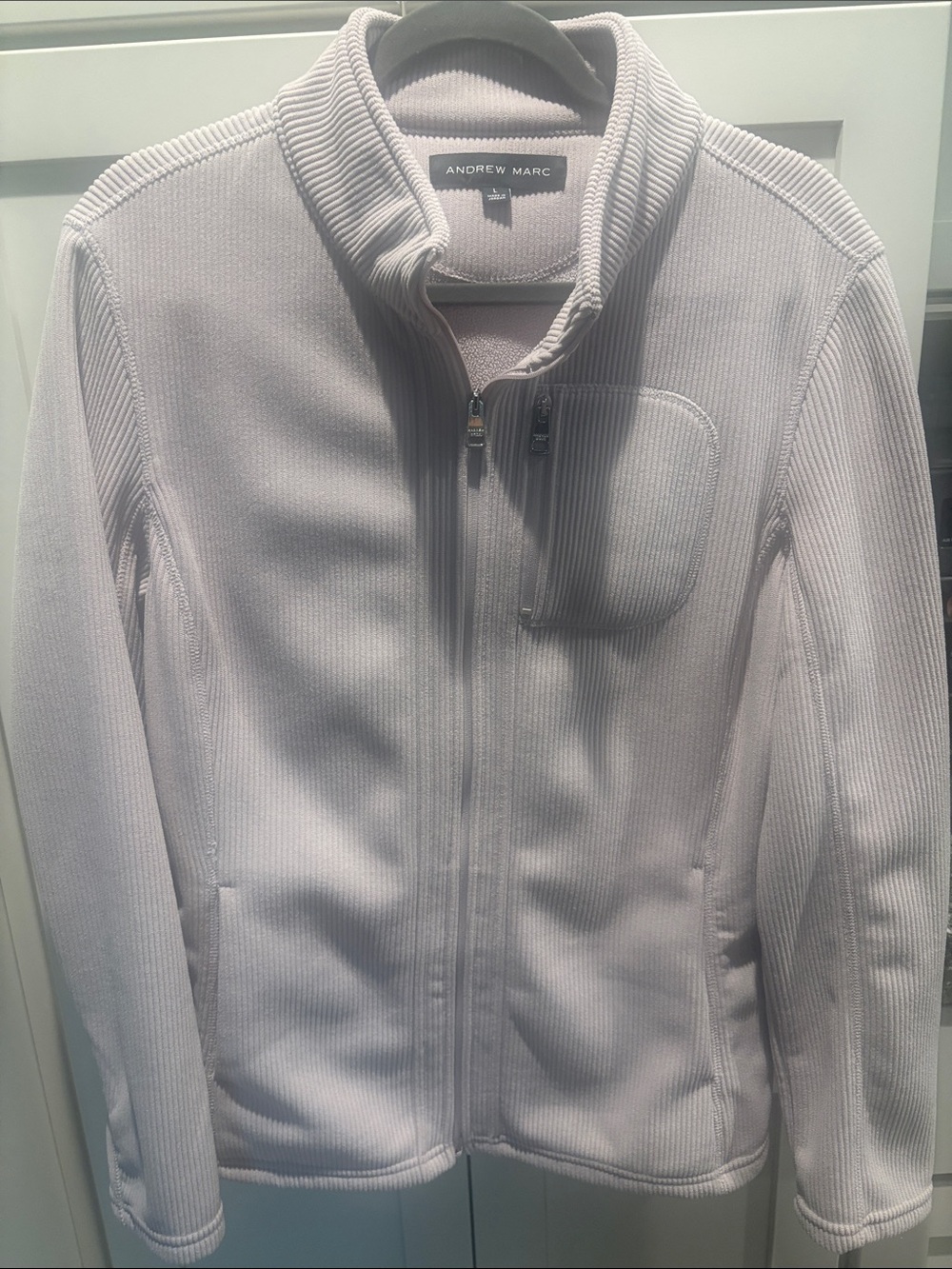 Andrew Marc Light Gray Ribbed Full-Zip Bomber Jacket